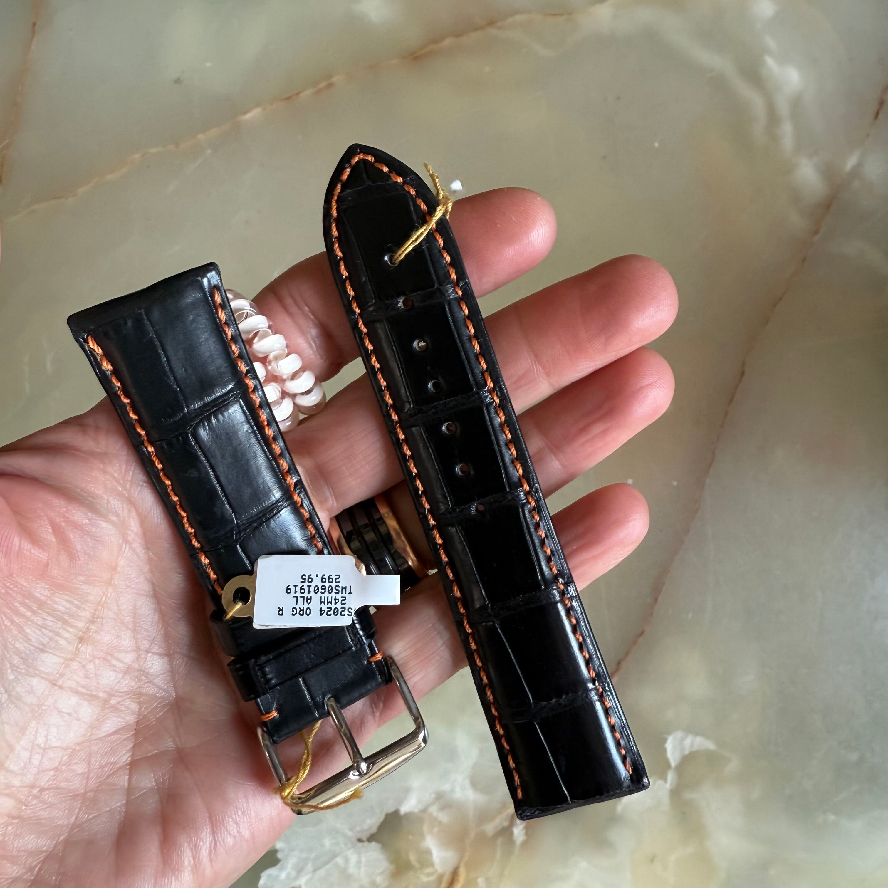Genuine Alligator Black Watch Strap Band 24mm Padded & Stitched with Buckle