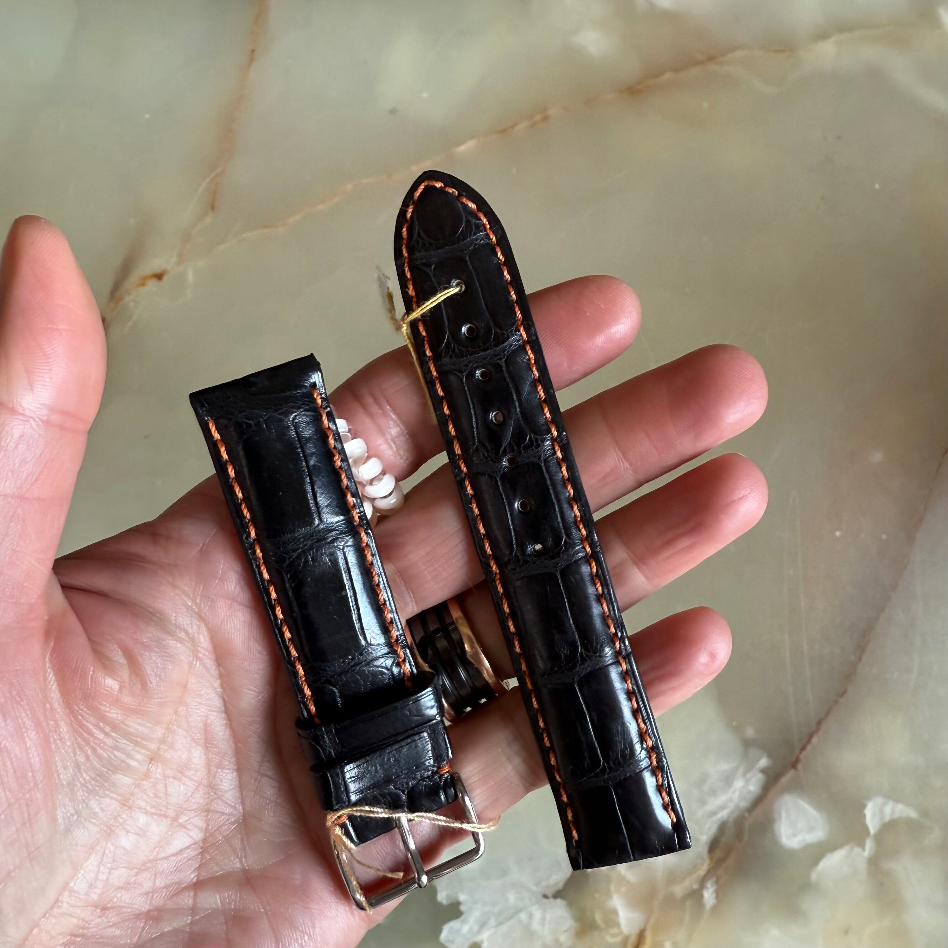 Genuine Alligator Black Watch Strap Band 20mm Padded & Stitched with Buckle