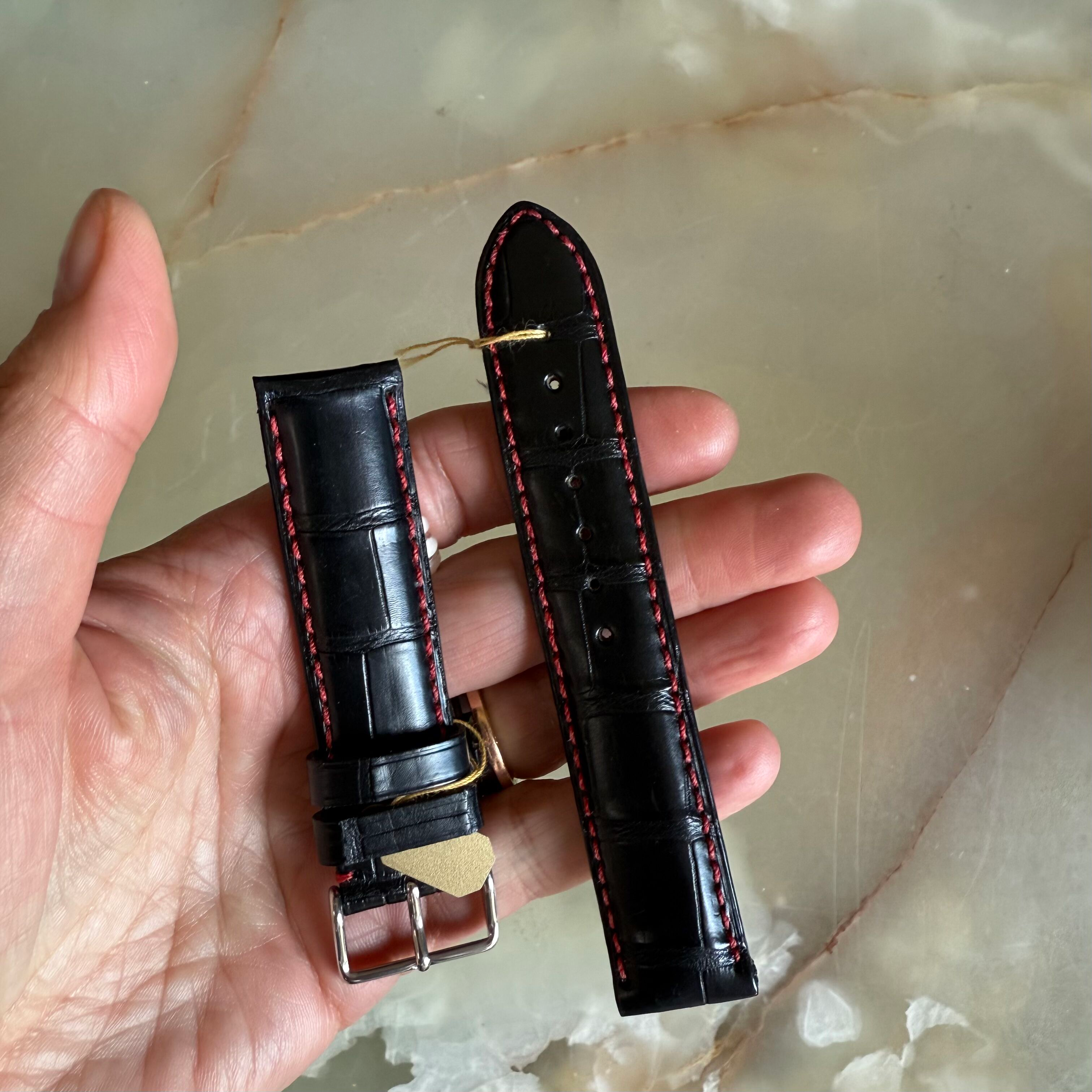 Genuine Alligator Black Watch Strap Band 20mm Padded & Stitched with Buckle