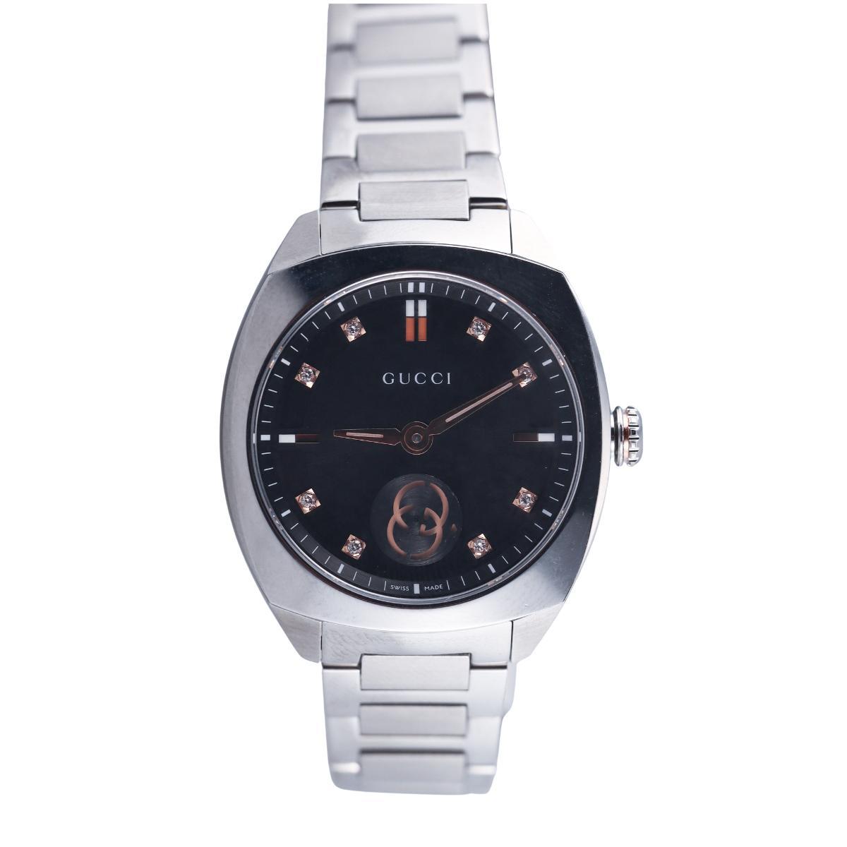Gucci Interlocking G 29mm Black Dial Diamond Steel Ladies Watch YA142513
