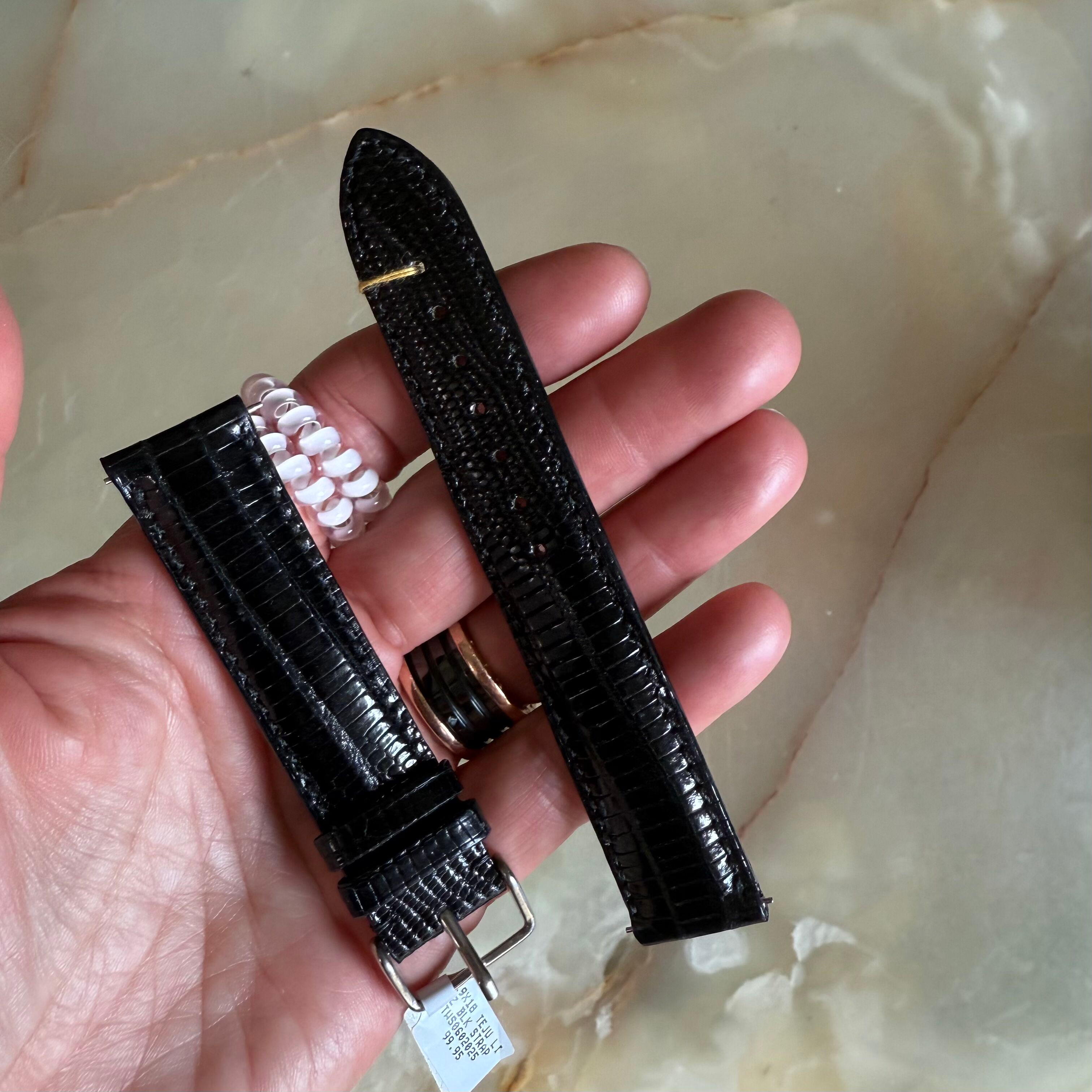 Genuine Lizard Black Watch Strap Band 19mm Padded & Stitched with Silver Buckle