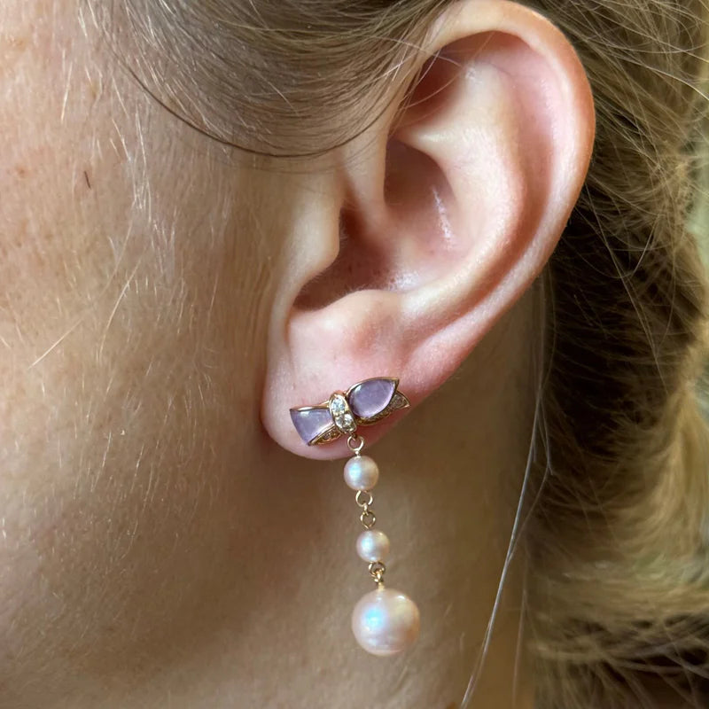 Mimi Milano Ribbon Sapphire Pearl Amethyst Gold Drop Earrings