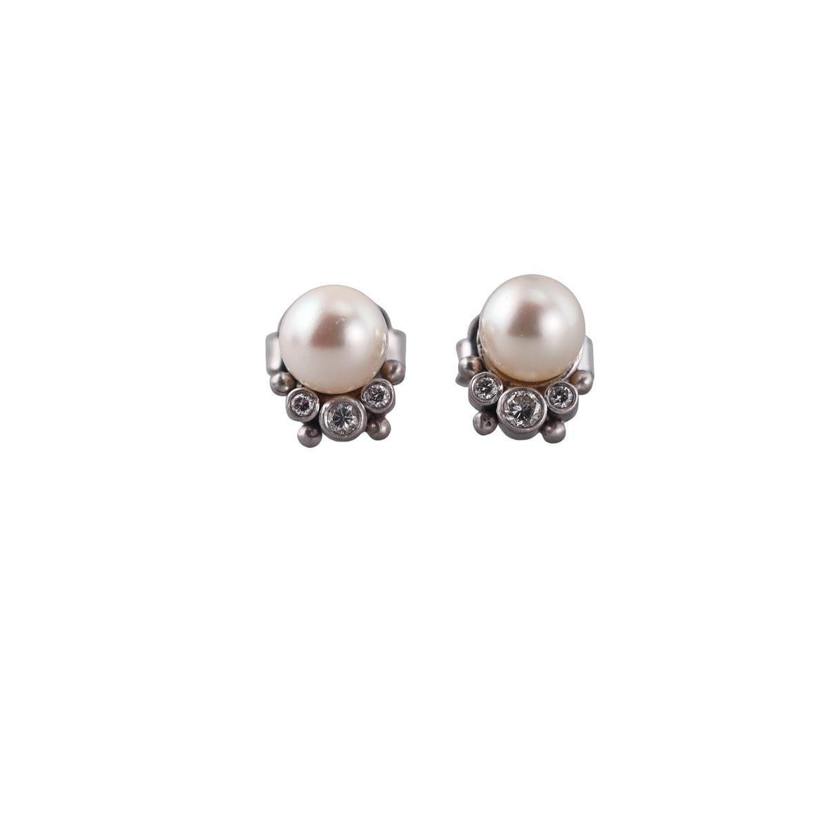 14k Gold Pearl Diamond Stud Earrings