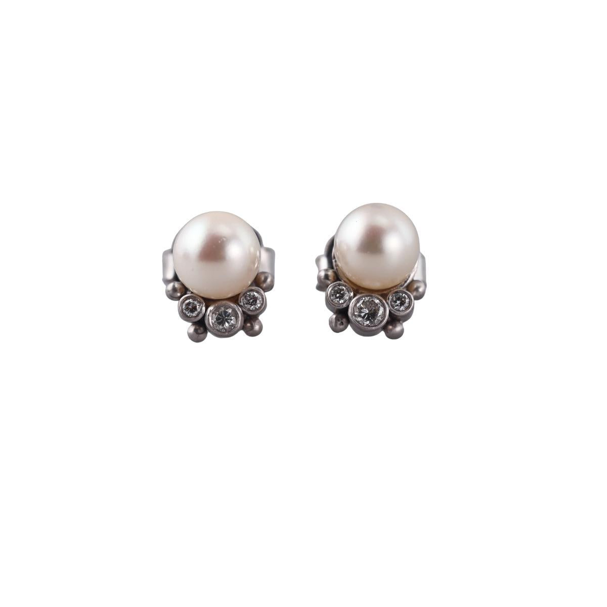 14k Gold Pearl Diamond Stud Earrings