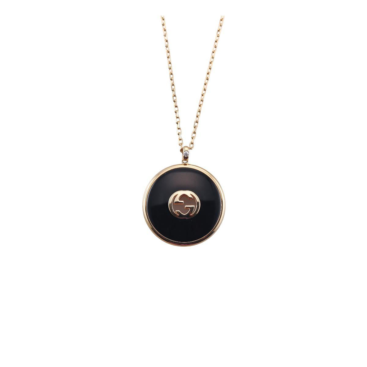 Gucci Interlocking G 18k Gold Diamond Onyx Pendant Chain Necklace