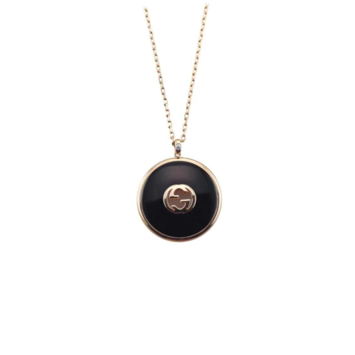 Gucci Interlocking G 18k Gold Diamond Onyx Pendant Chain Necklace
