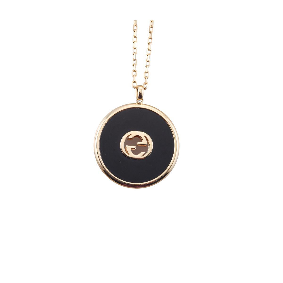 Gucci Interlocking G 18k Gold Diamond Onyx Pendant Chain Necklace