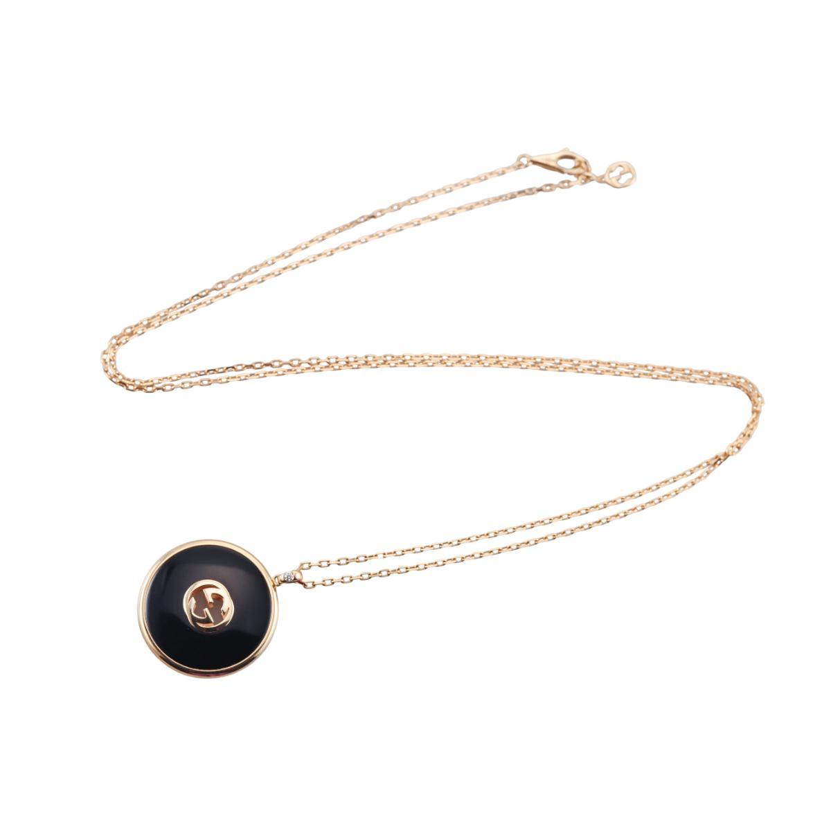 Gucci Interlocking G 18k Gold Diamond Onyx Pendant Chain Necklace