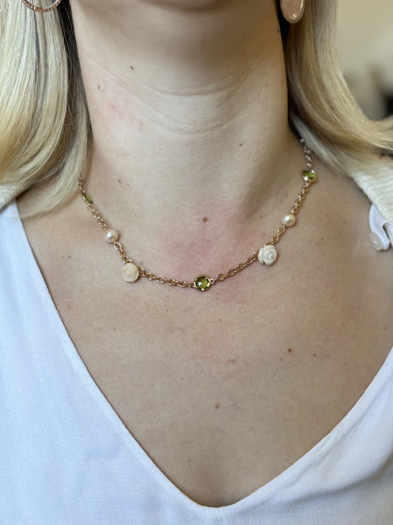 Mimi Milano Grace Pearl Peridot Coral Gold Rose Flower Necklace