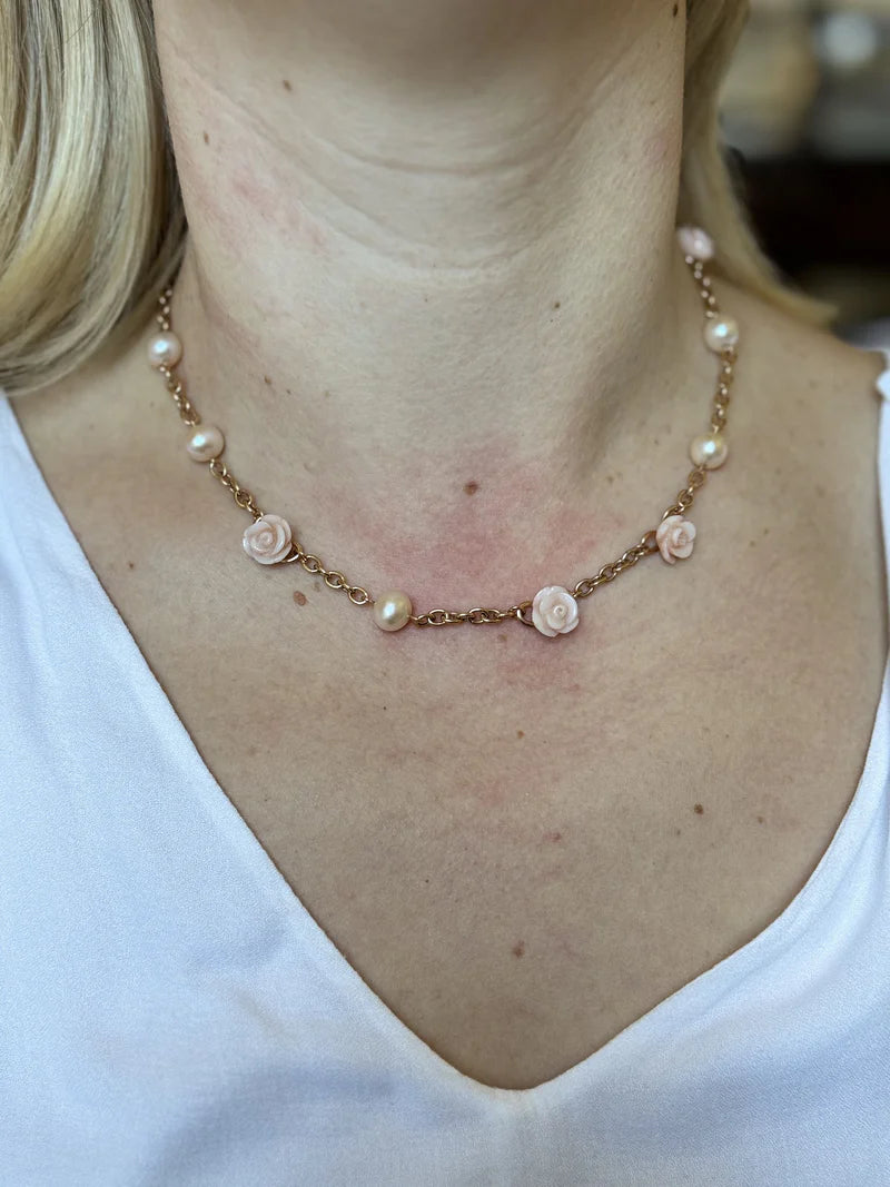 Mimi Milano Grace Pearl Coral Gold Rose Flower Necklace