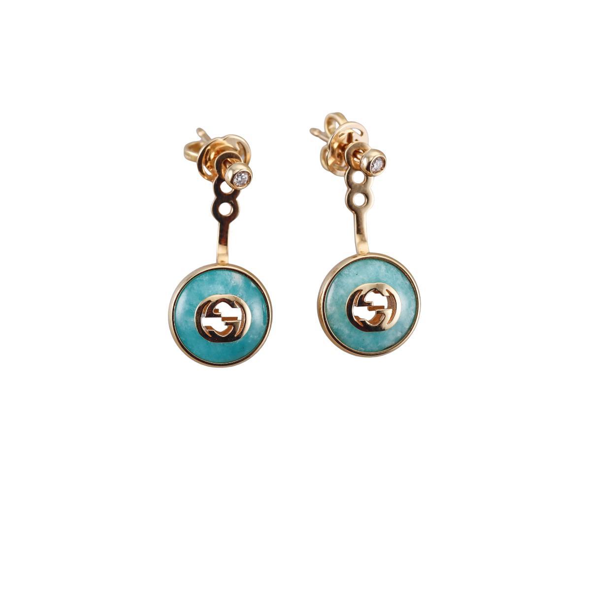 Gucci Interlocking G 18K Gold Amazonite Diamond Drop Earrings