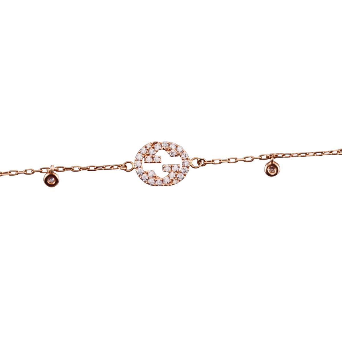 Gucci Interlocking G 18K Gold Diamond Charm Bracelet Size 17
