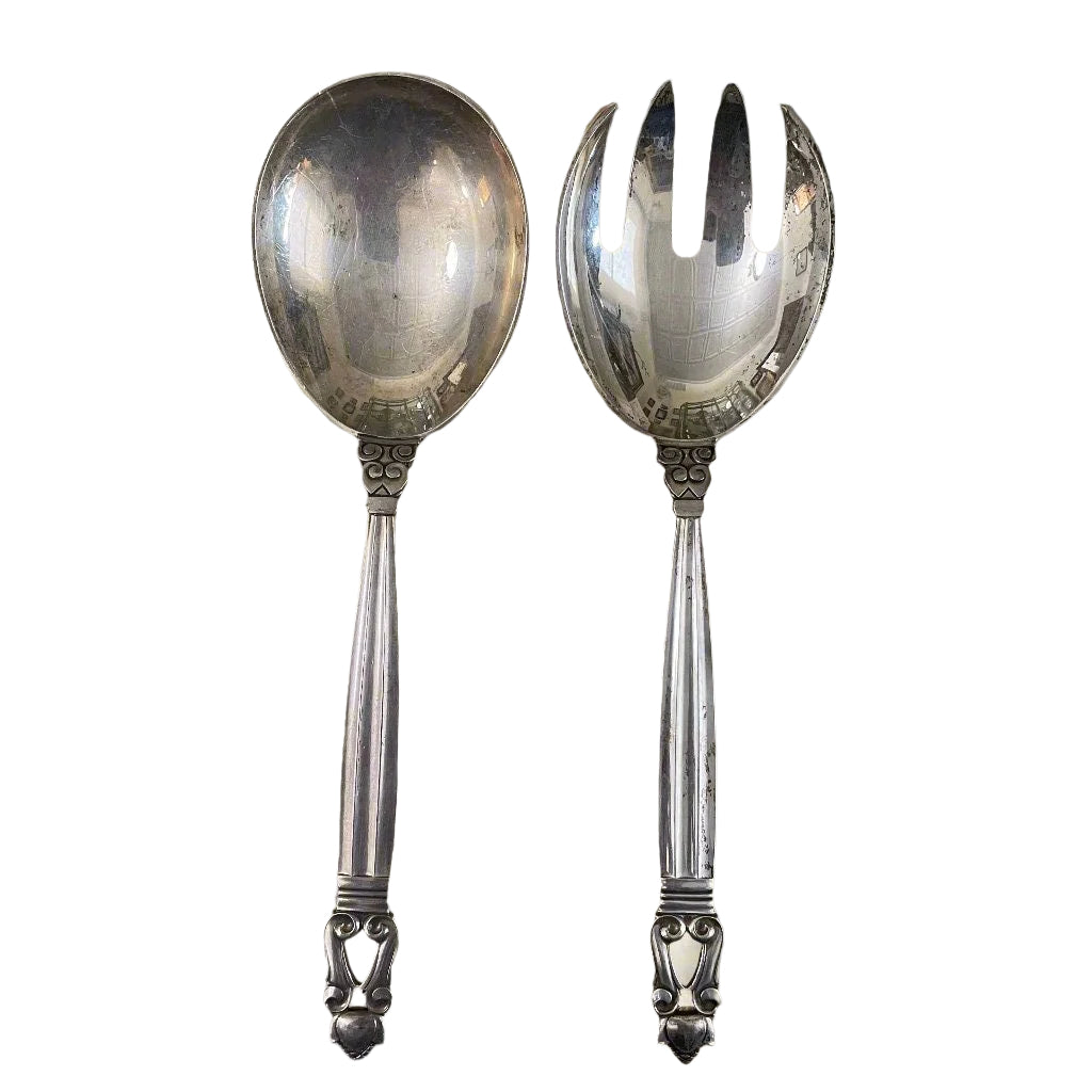 Georg Jensen Acorn Sterling Salad Set Spoon Fork Set