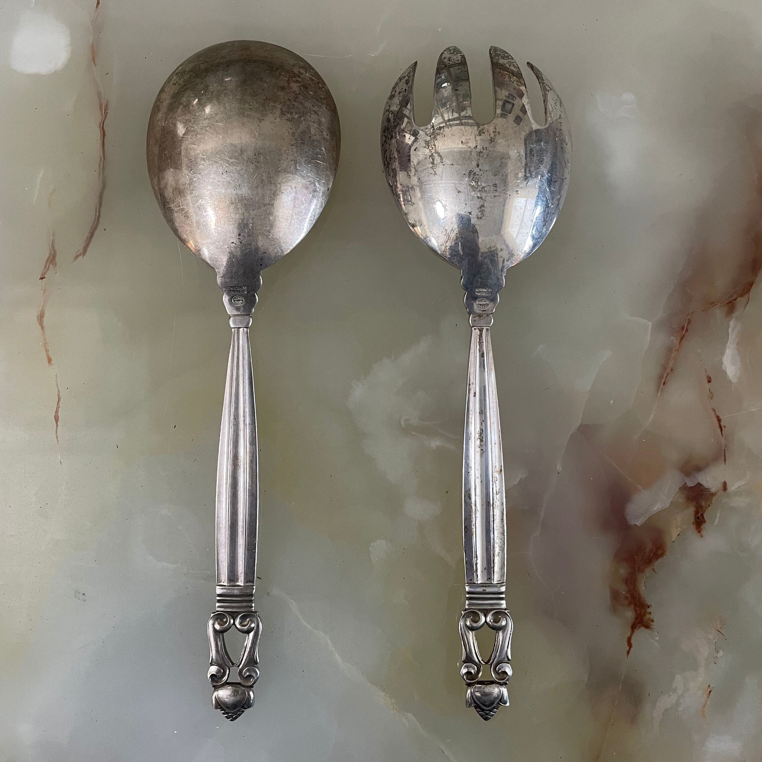 Georg Jensen Acorn Sterling Salad Set Spoon Fork Set
