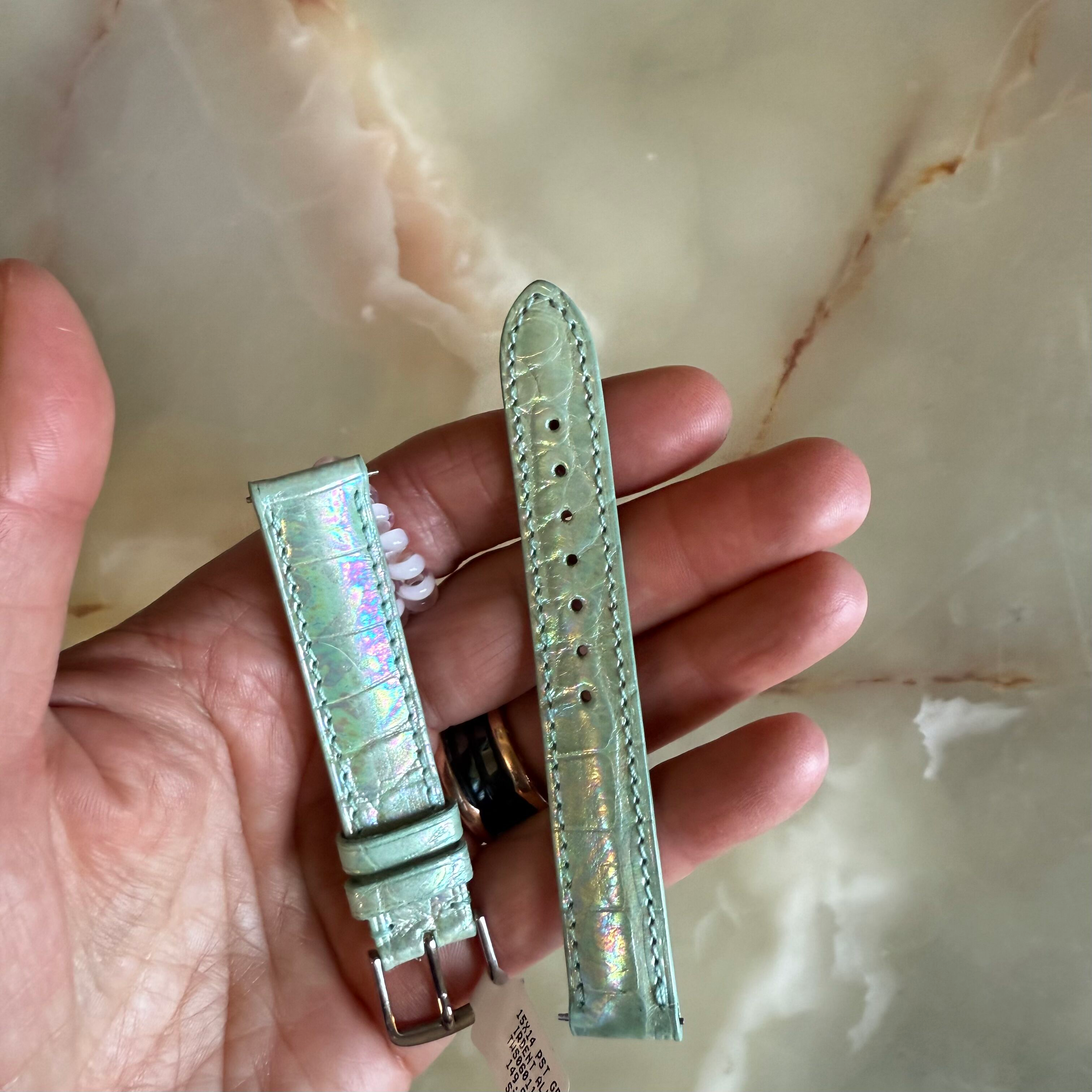 Genuine Alligator Pearly Green Watch Strap Band 15mm Padded & Stitched w Buckle