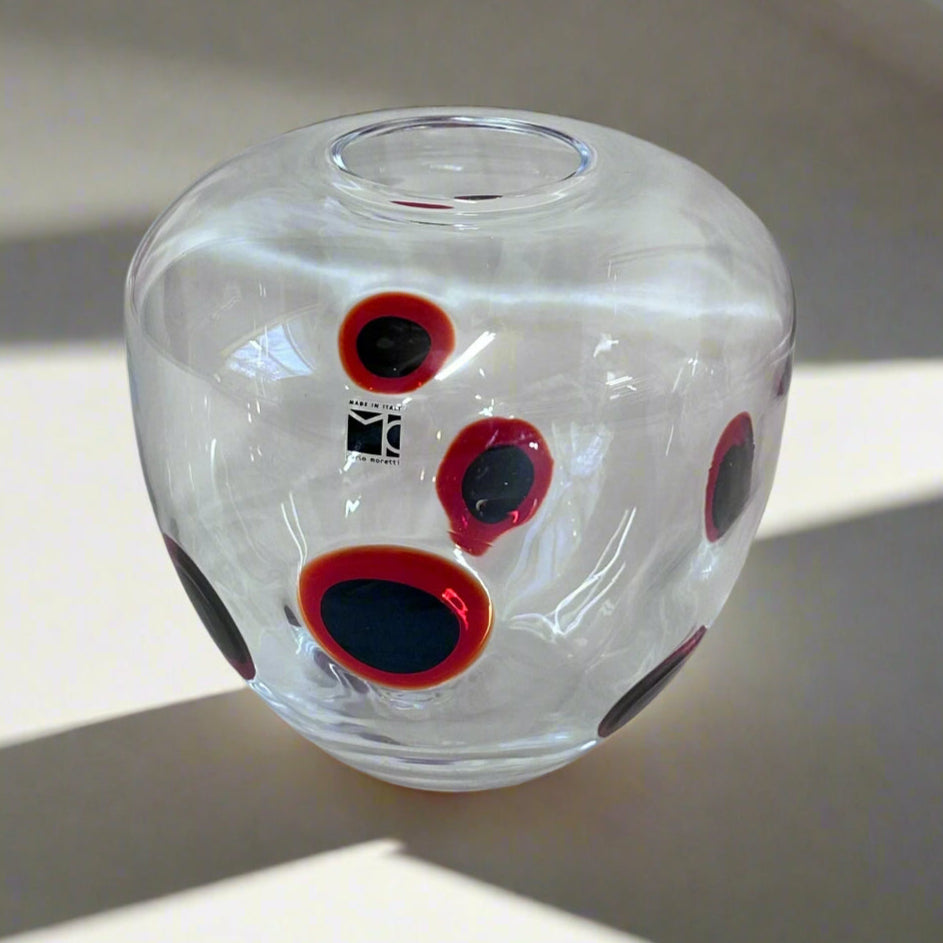 Carlo Moretti Hand Blown Murano Glass Red Black Clear Vase
