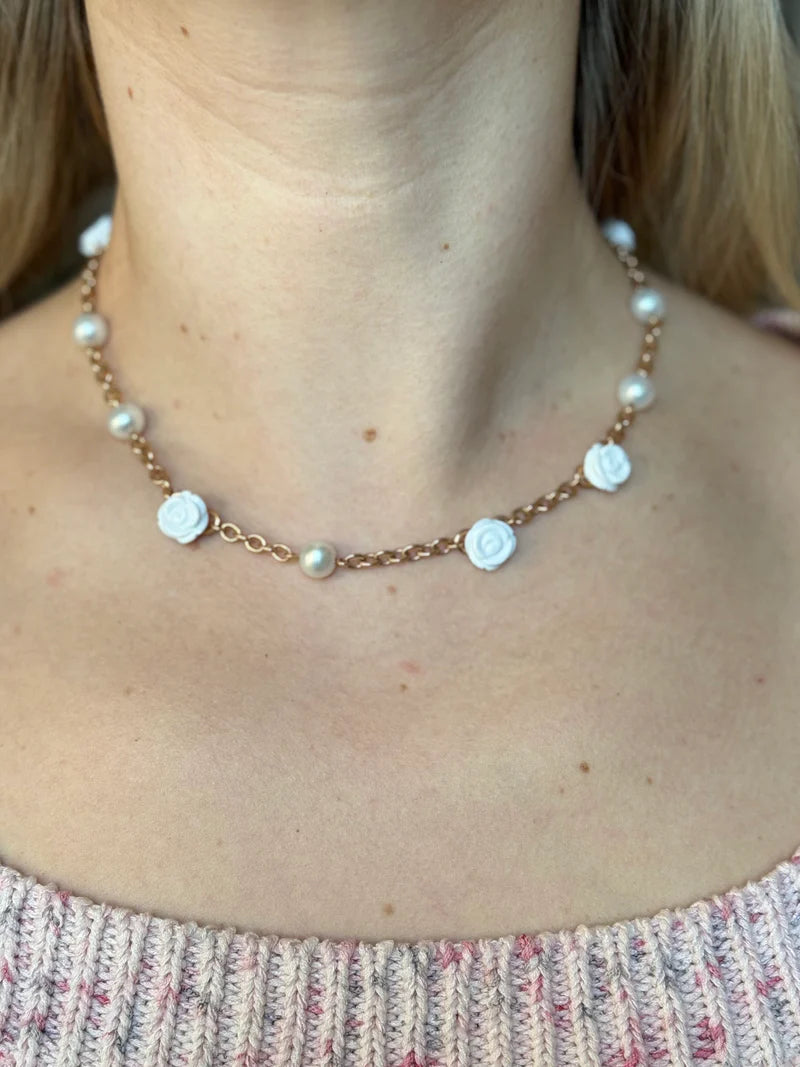 Mimi Milano Grace White Agate Pearl Flower Gold Necklace