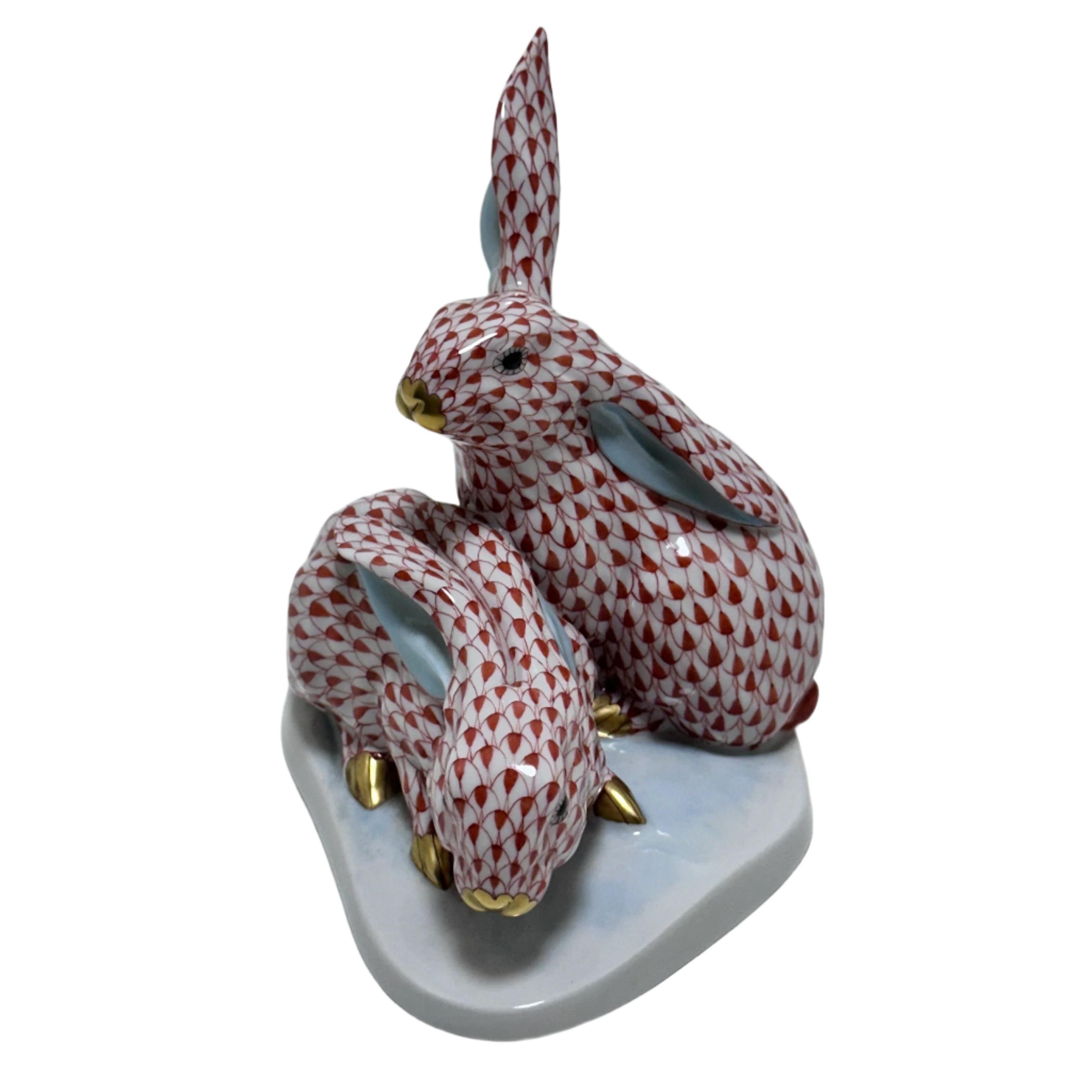Herend Hungary Porcelain Red Gold Fishnet Pair of Rabbit Figurine 5332