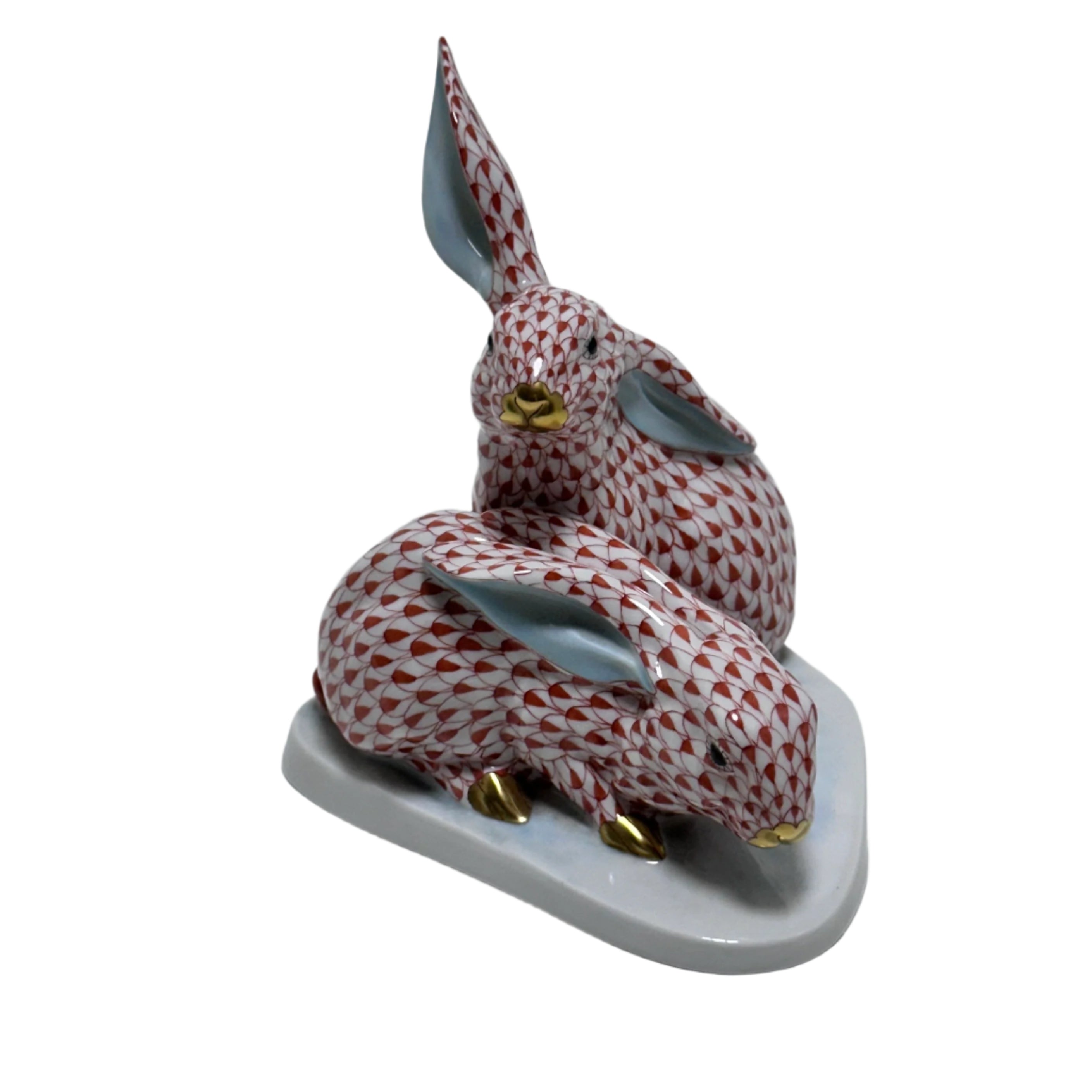 Herend Hungary Porcelain Red Gold Fishnet Pair of Rabbit Figurine 5332