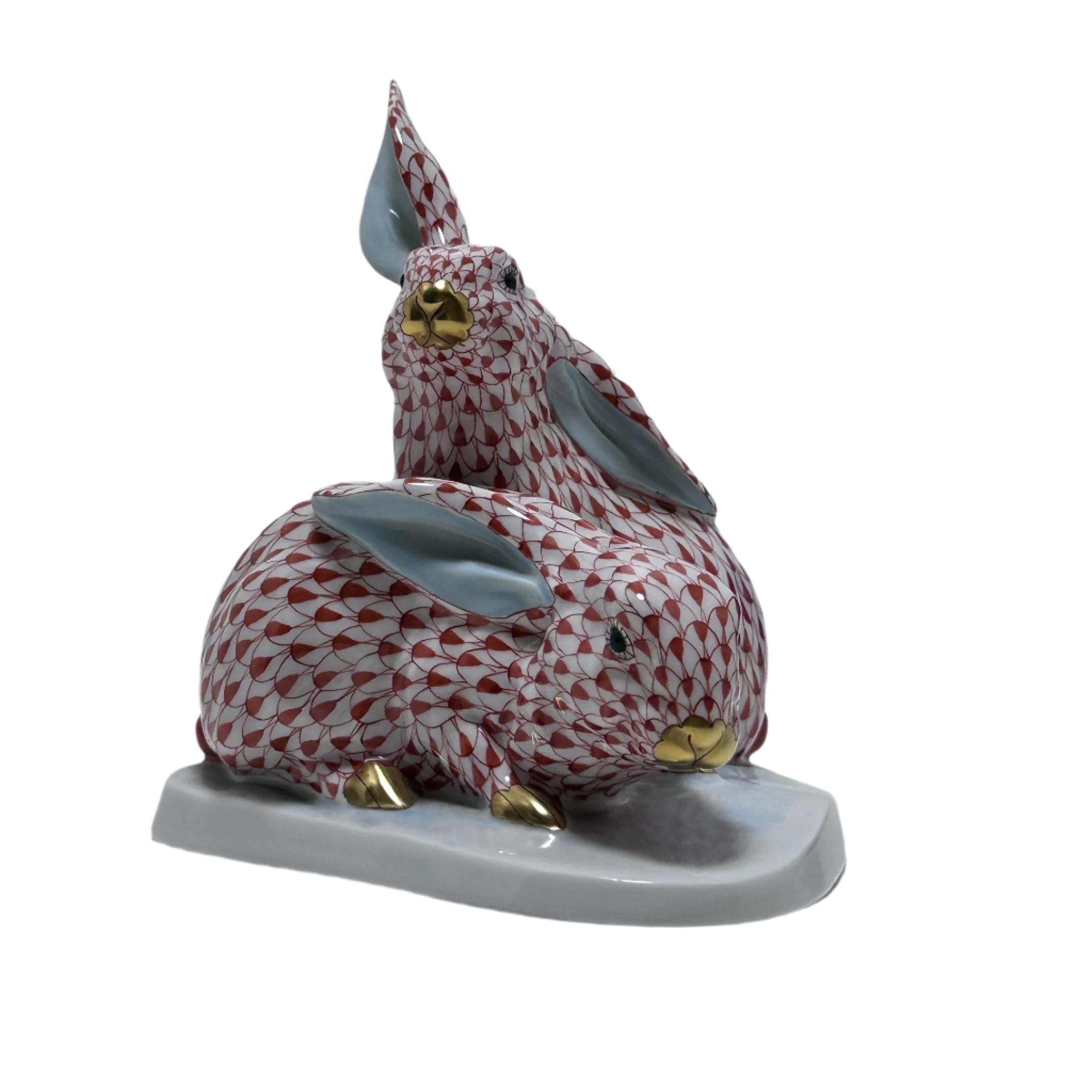 Herend Hungary Porcelain Red Gold Fishnet Pair of Rabbit Figurine 5332