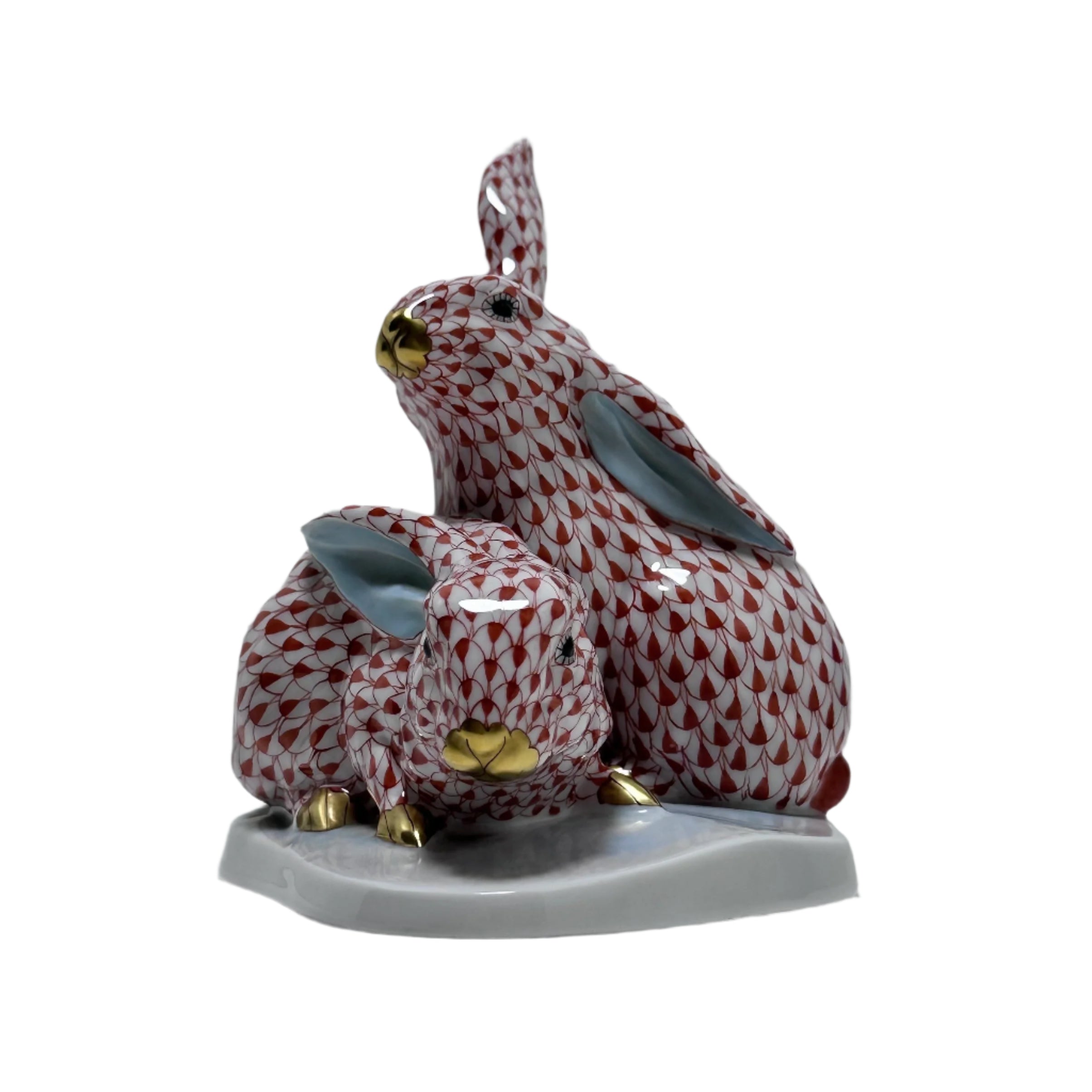 Herend Hungary Porcelain Red Gold Fishnet Pair of Rabbit Figurine 5332