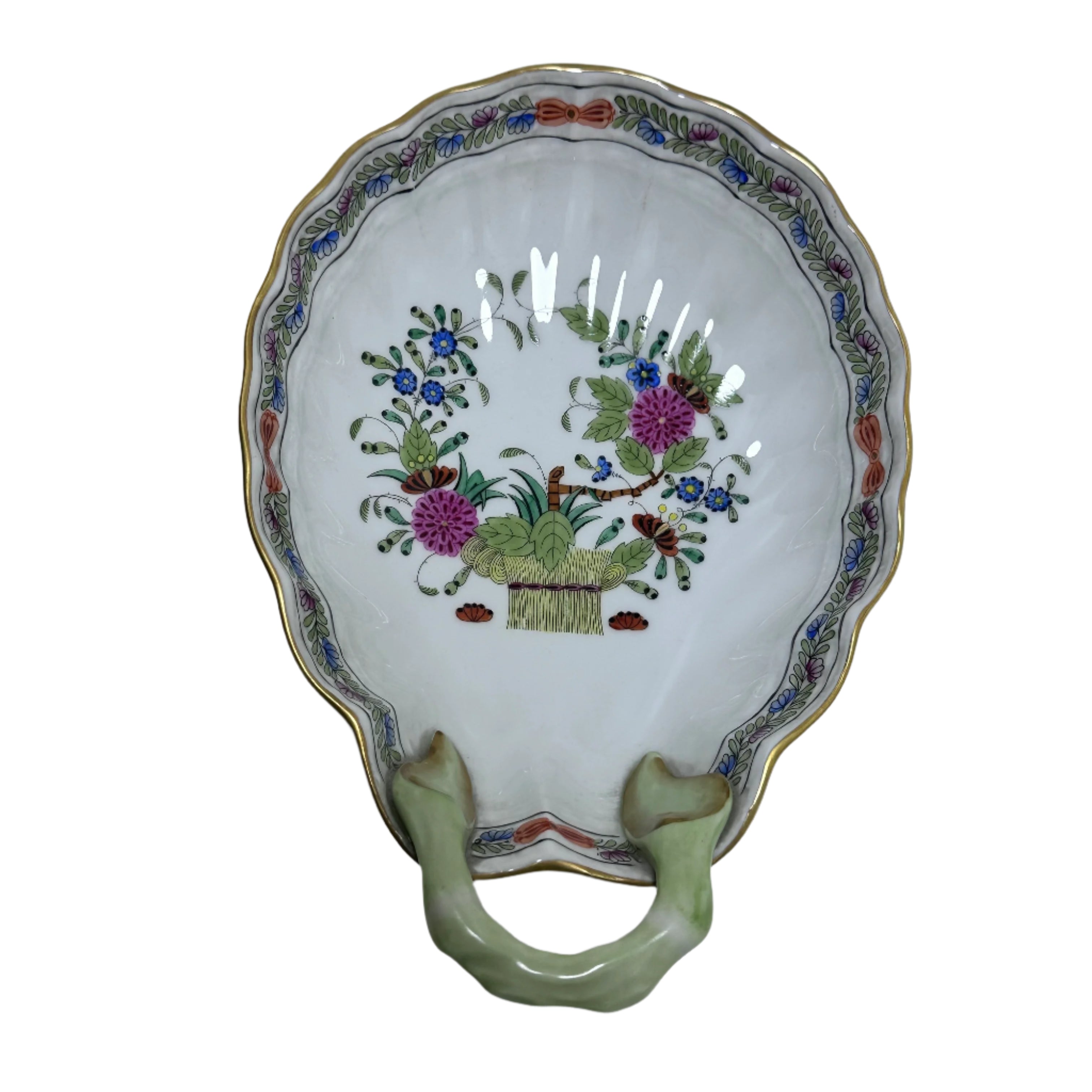 Herend Indian Basket Porcelain Shell Handled Dish 335/FD