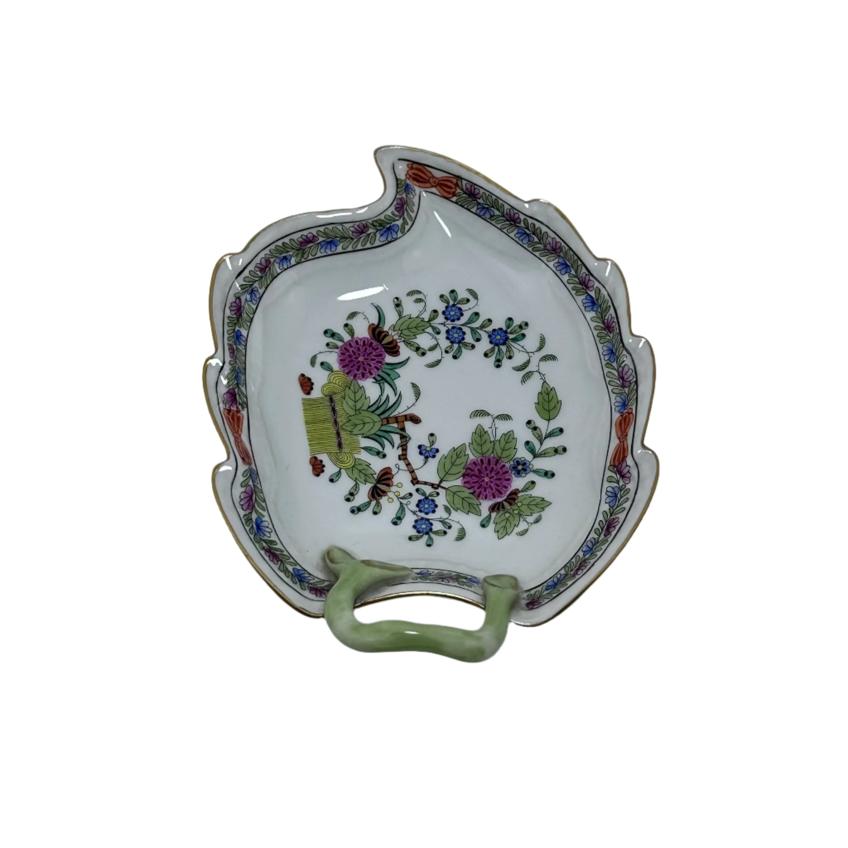 Herend Indian Basket Porcelain Miniature Handled Leaf Dish 205/FD