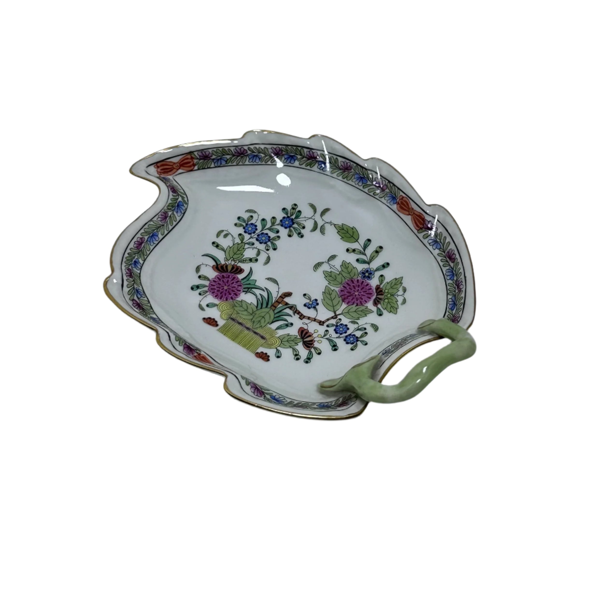 Herend Indian Basket Porcelain Miniature Handled Leaf Dish 205/FD