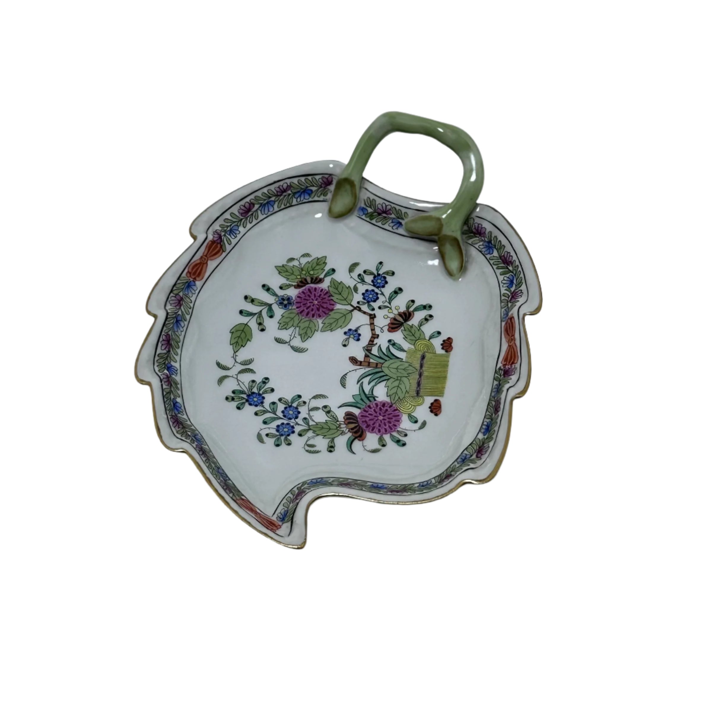 Herend Indian Basket Porcelain Miniature Handled Leaf Dish 205/FD