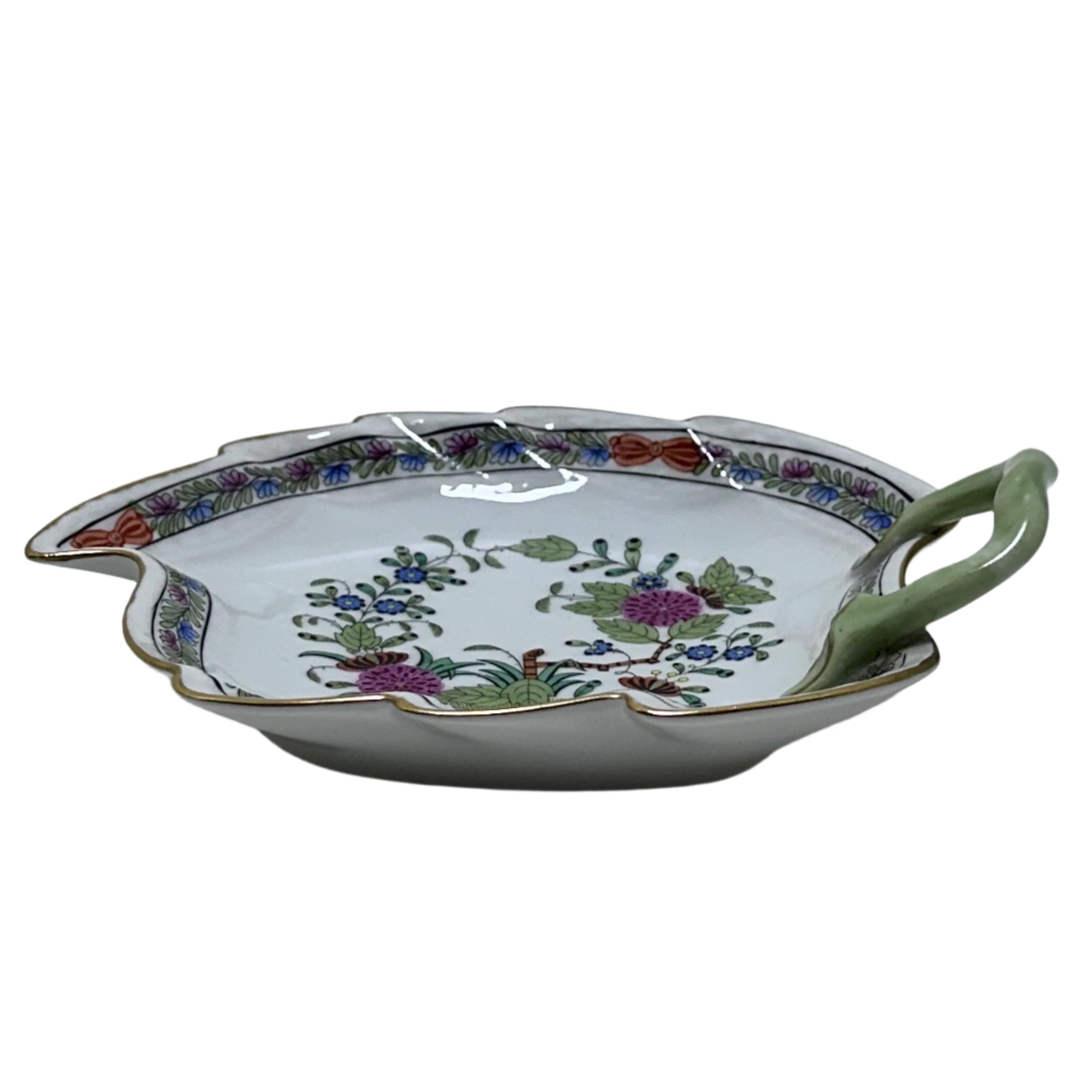 Herend Indian Basket Porcelain Miniature Handled Leaf Dish 205/FD
