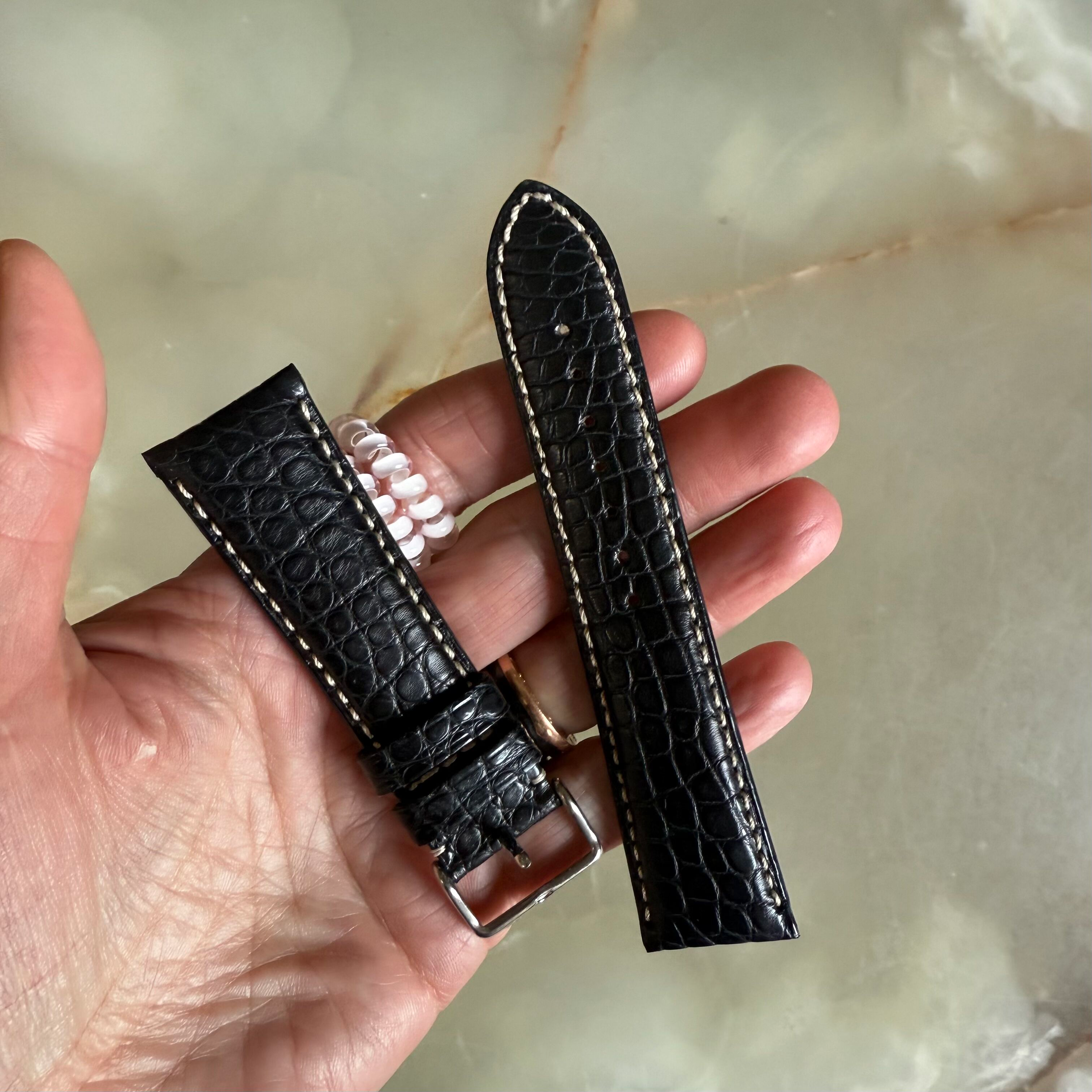 Genuine Alligator Black Watch Strap Band 24mm Padded & Stitched w Buckle