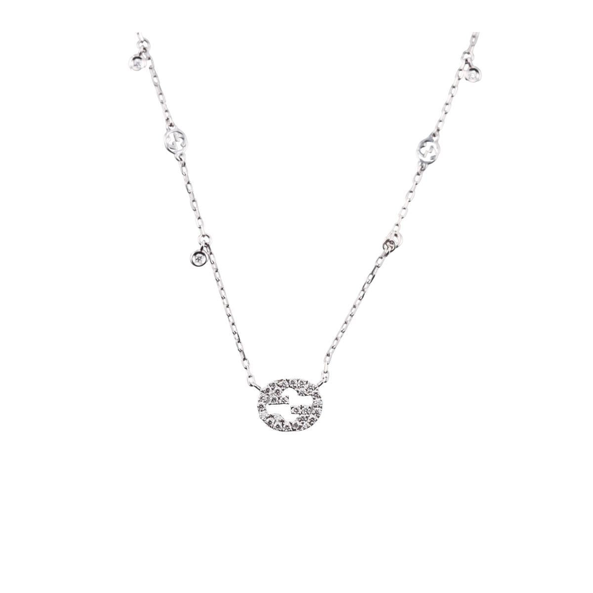 Gucci Interlocking G 18k White Gold Diamond Pendant Necklace