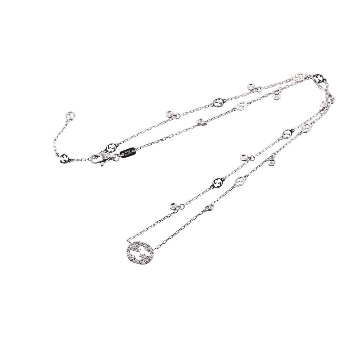 Gucci Interlocking G 18k White Gold Diamond Pendant Necklace