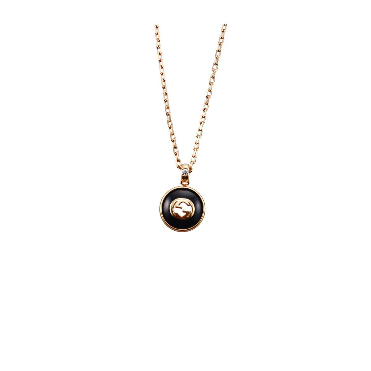 Gucci Interlocking G 18K Gold Diamond Black Onyx Pendant Necklace