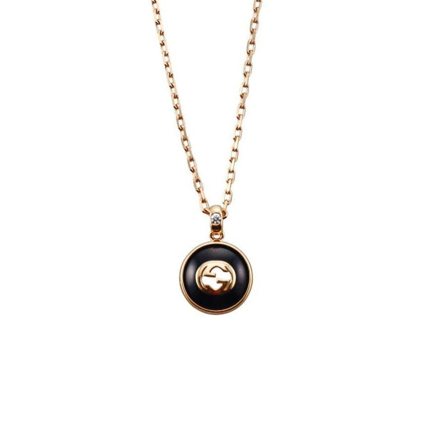 Gucci Interlocking G 18K Gold Diamond Black Onyx Pendant Necklace