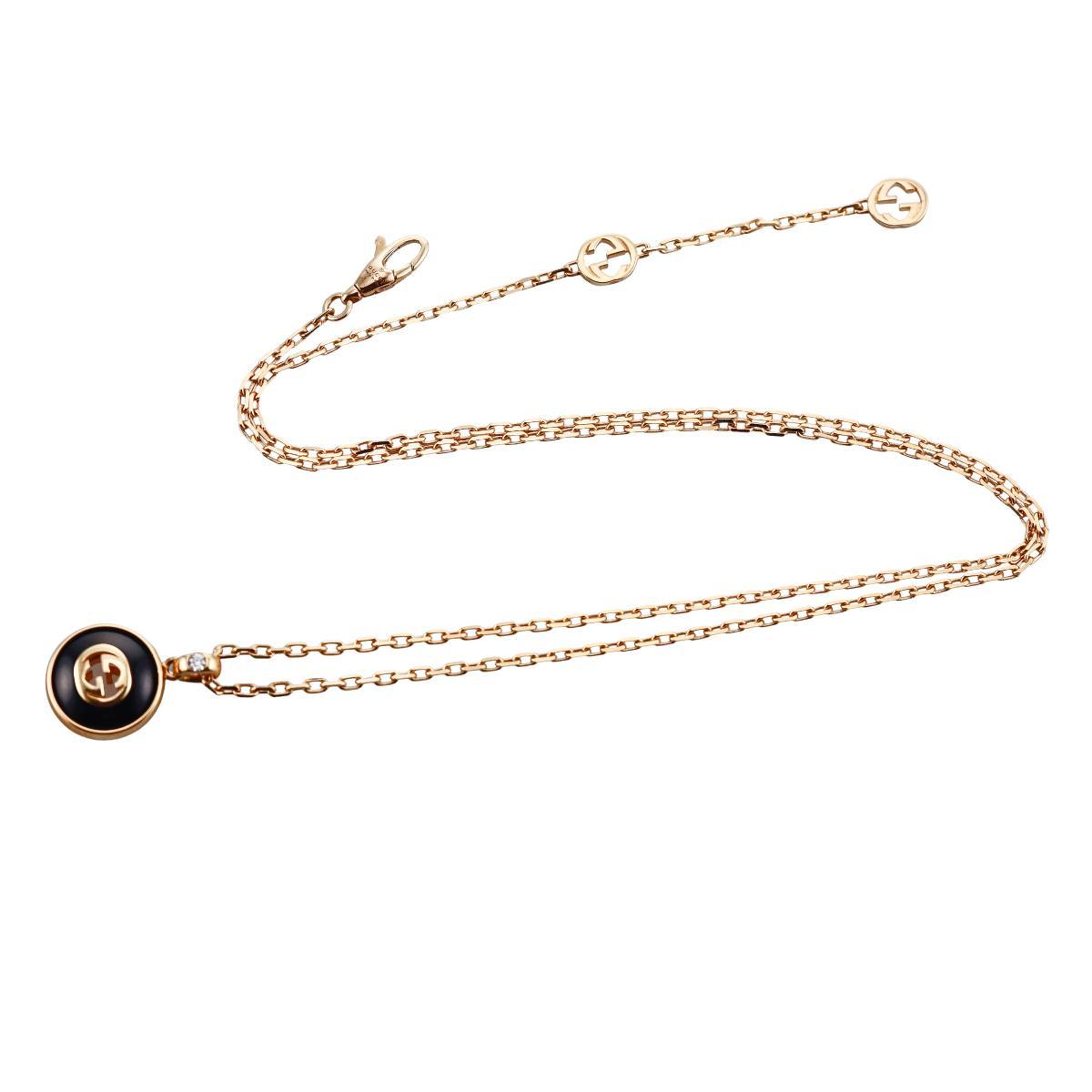 Gucci Interlocking G 18K Gold Diamond Black Onyx Pendant Necklace