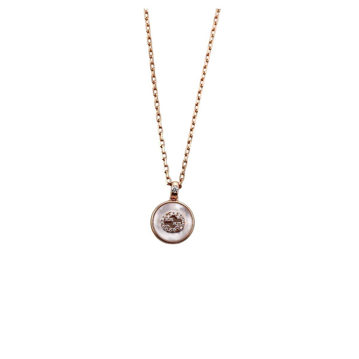 Gucci Interlocking G 18K Gold Diamond Mother Of Pearl Pendant Necklace