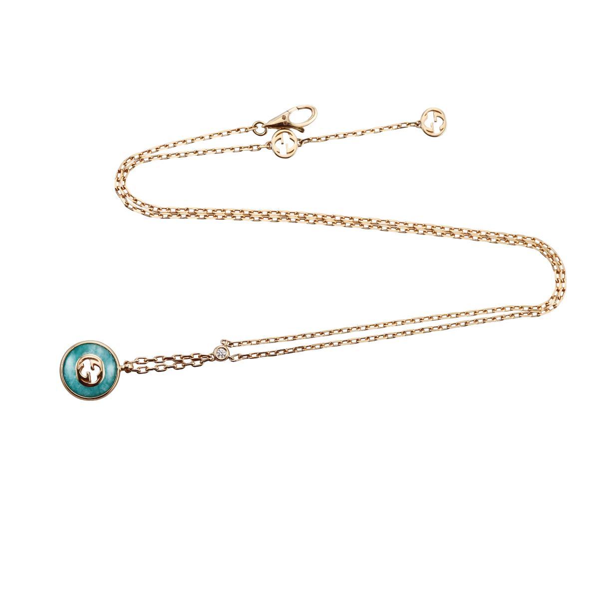 Gucci Interlocking G 18K Gold Diamond Amazonite Pendant Necklace
