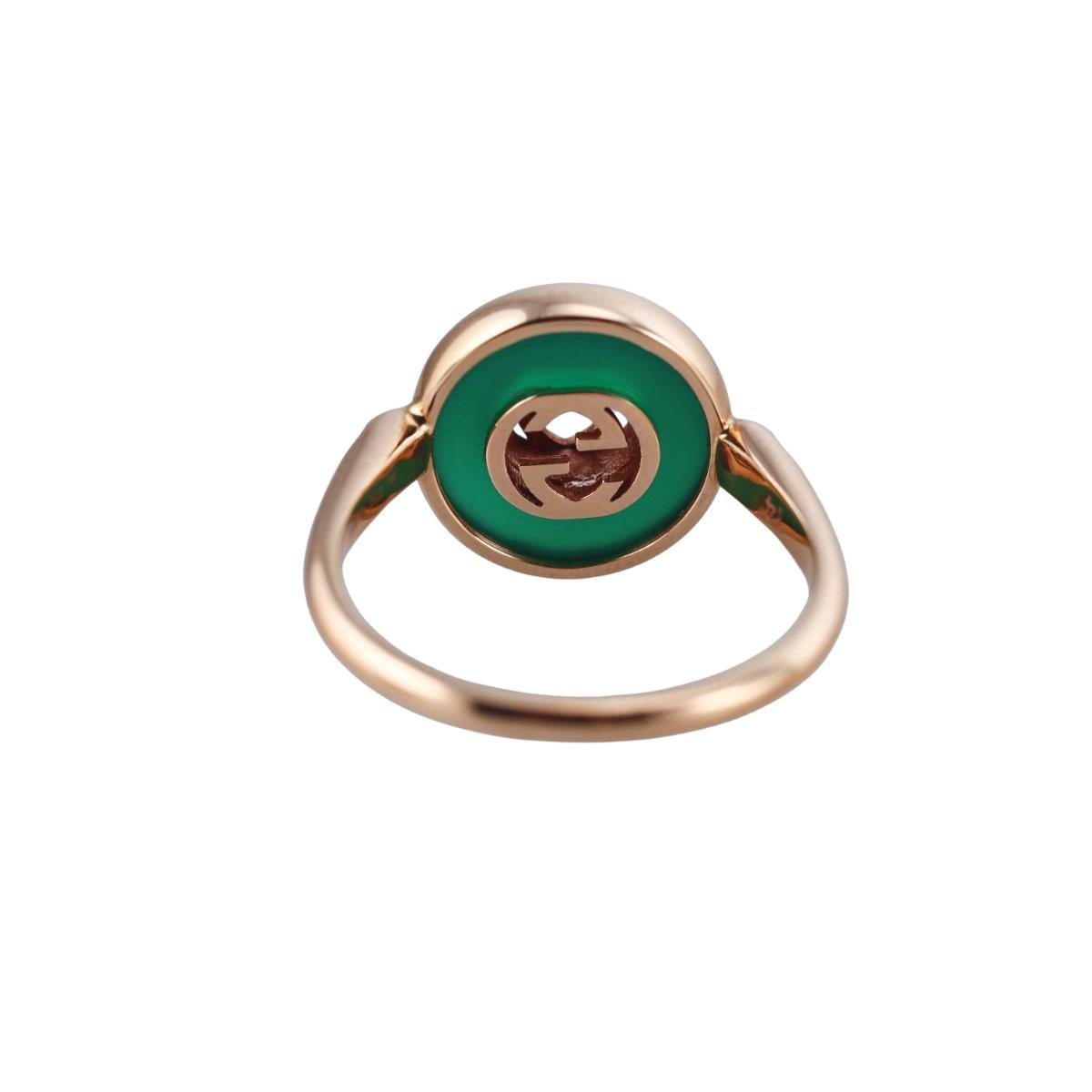 Gucci Interlocking G 18K Rose Gold Diamond Green Agate Ring