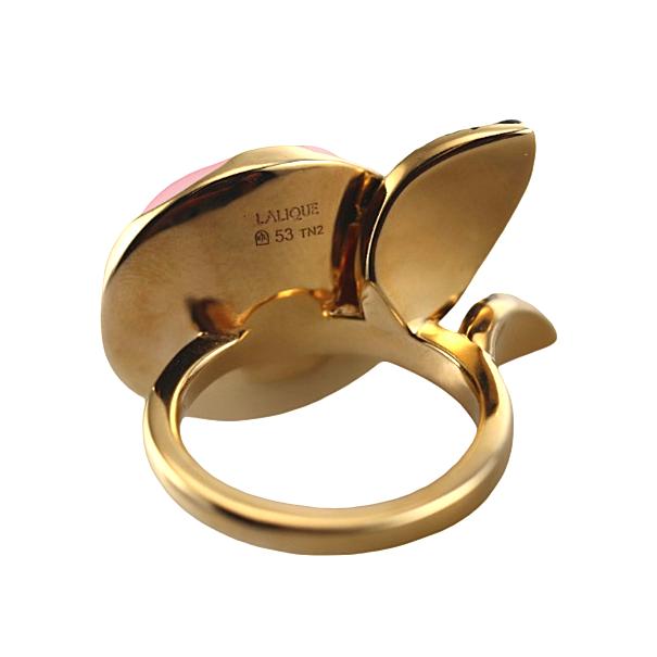 Lalique Pivoine Peony Flower Pink Crystal Gold Plate Ring 10707000