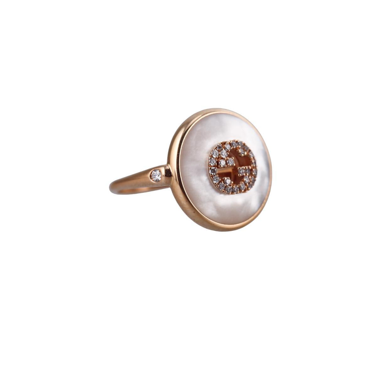 Gucci Interlocking G 18K Rose Gold Diamond MOP 17mm Ring