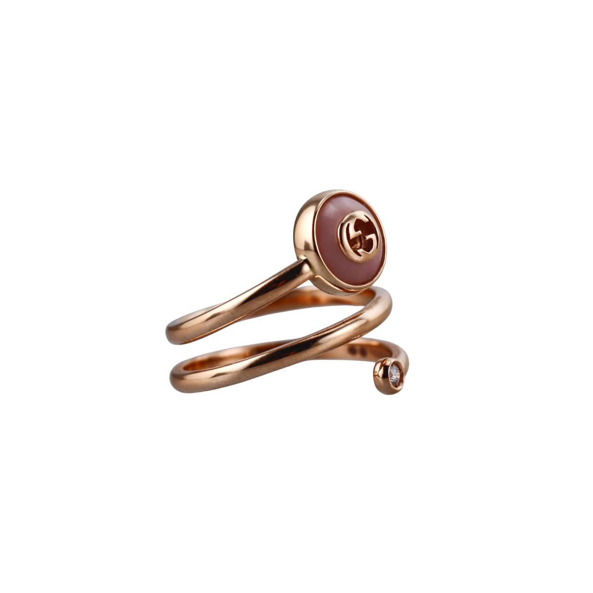 Gucci Interlocking G 18k Gold Diamond Pink Opal Spiral Ring