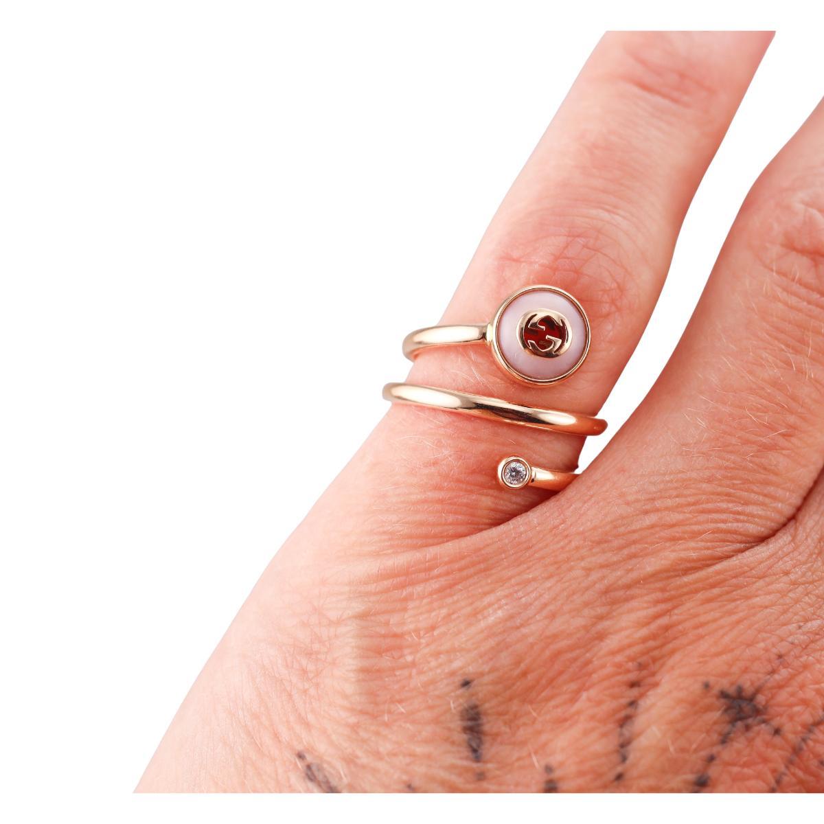 Gucci Interlocking G 18k Gold Diamond Pink Opal Spiral Ring