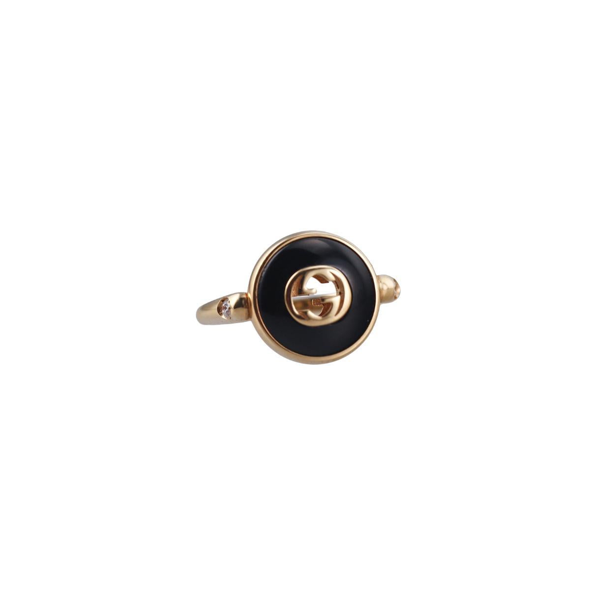 Gucci Interlocking G 18K Gold Diamond Onyx Ring