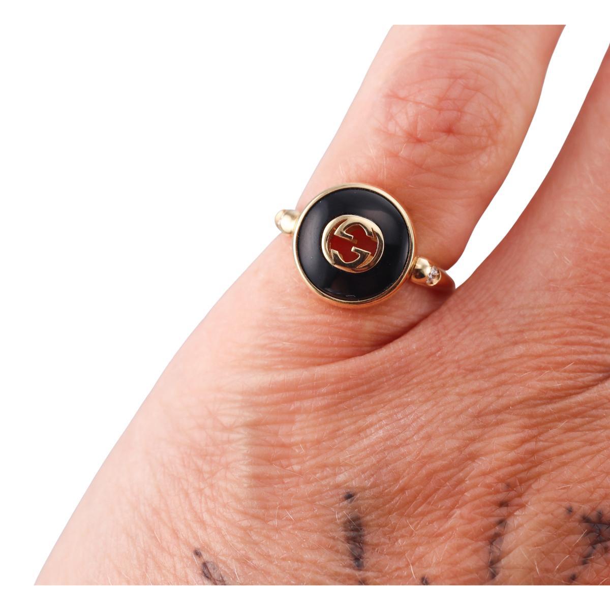 Gucci Interlocking G 18K Gold Diamond Onyx Ring