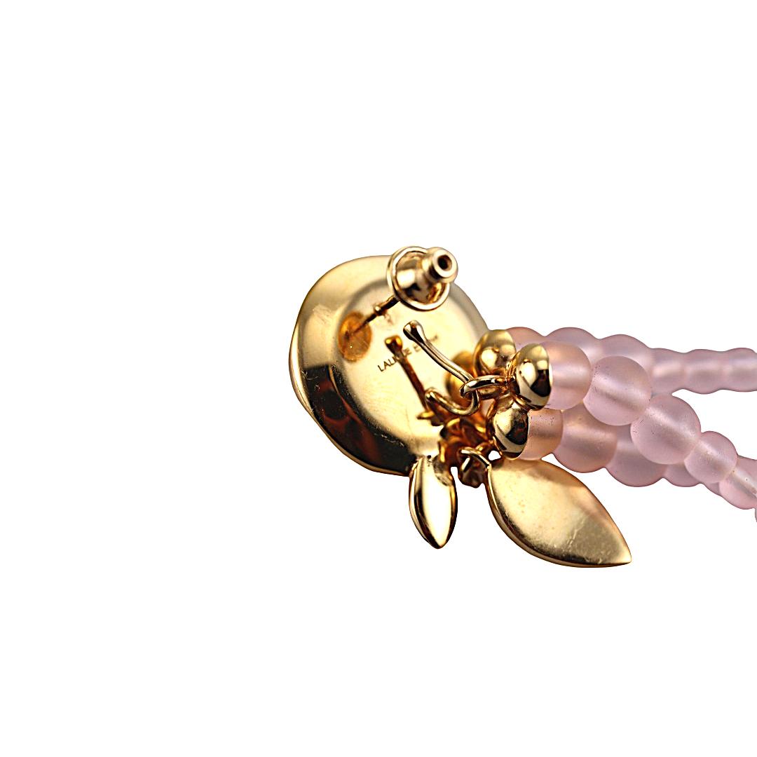 Lalique Pivoine Peony Flower Pink Crystal Gold Plate Dangle Earrings 10707500