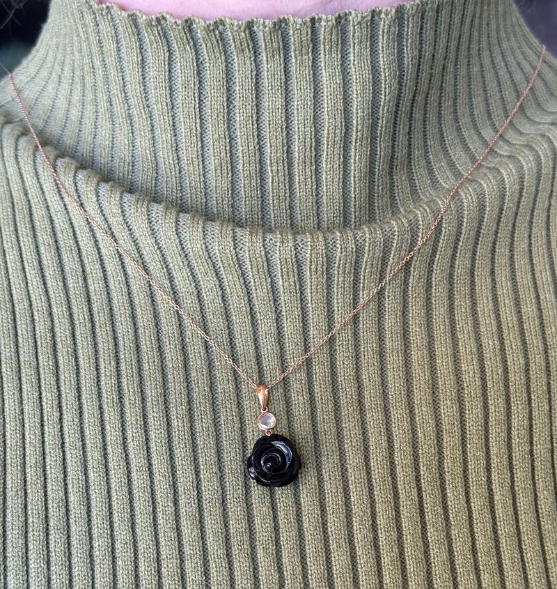 Mimi Milano Grace Black Agate Rose Cut Diamond Gold Pendant Necklace