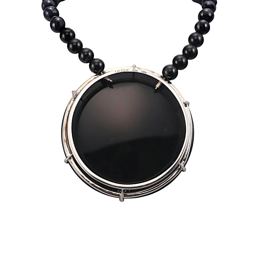 Lalique Cactus Black Crystal Onyx Sterling Medallion Pendant Necklace 10394300