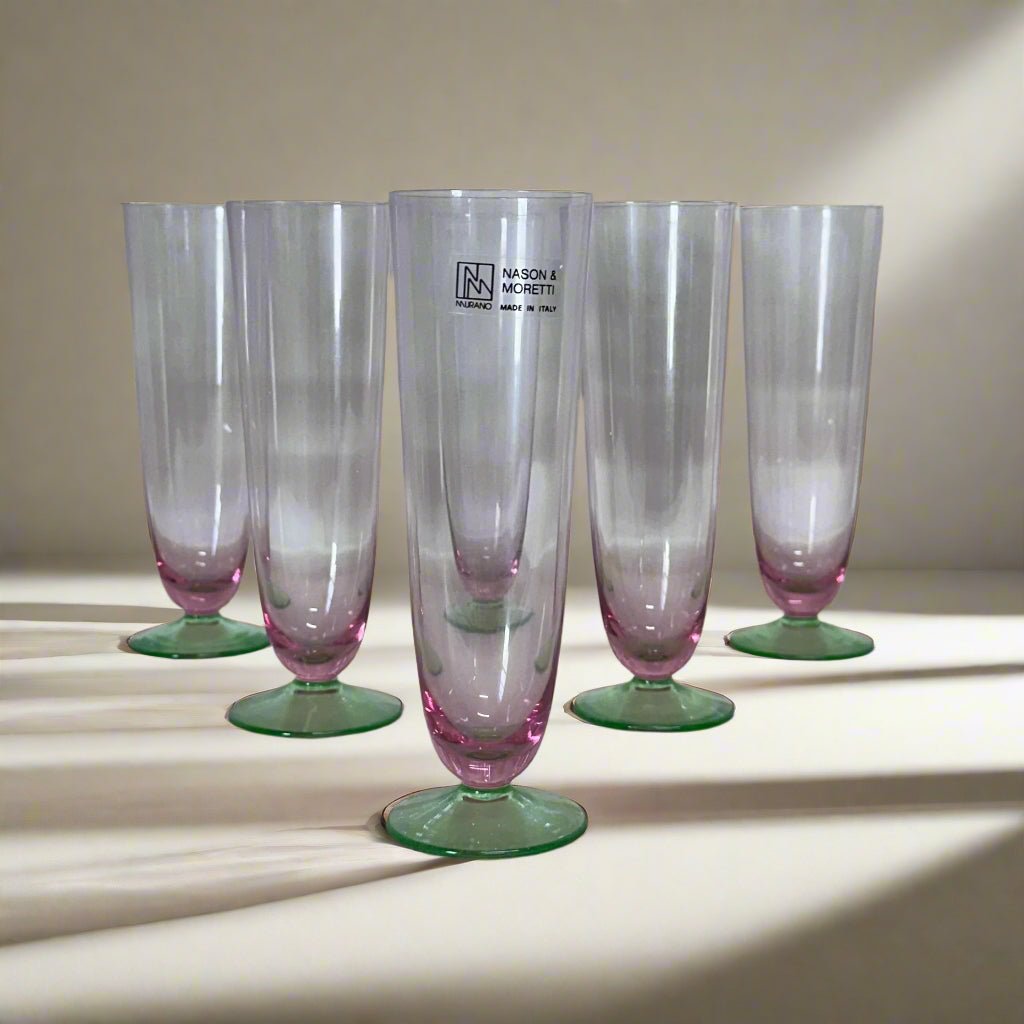 Nason & Moretti Murano Green lavender Champagne Flutes Glass Set of 6