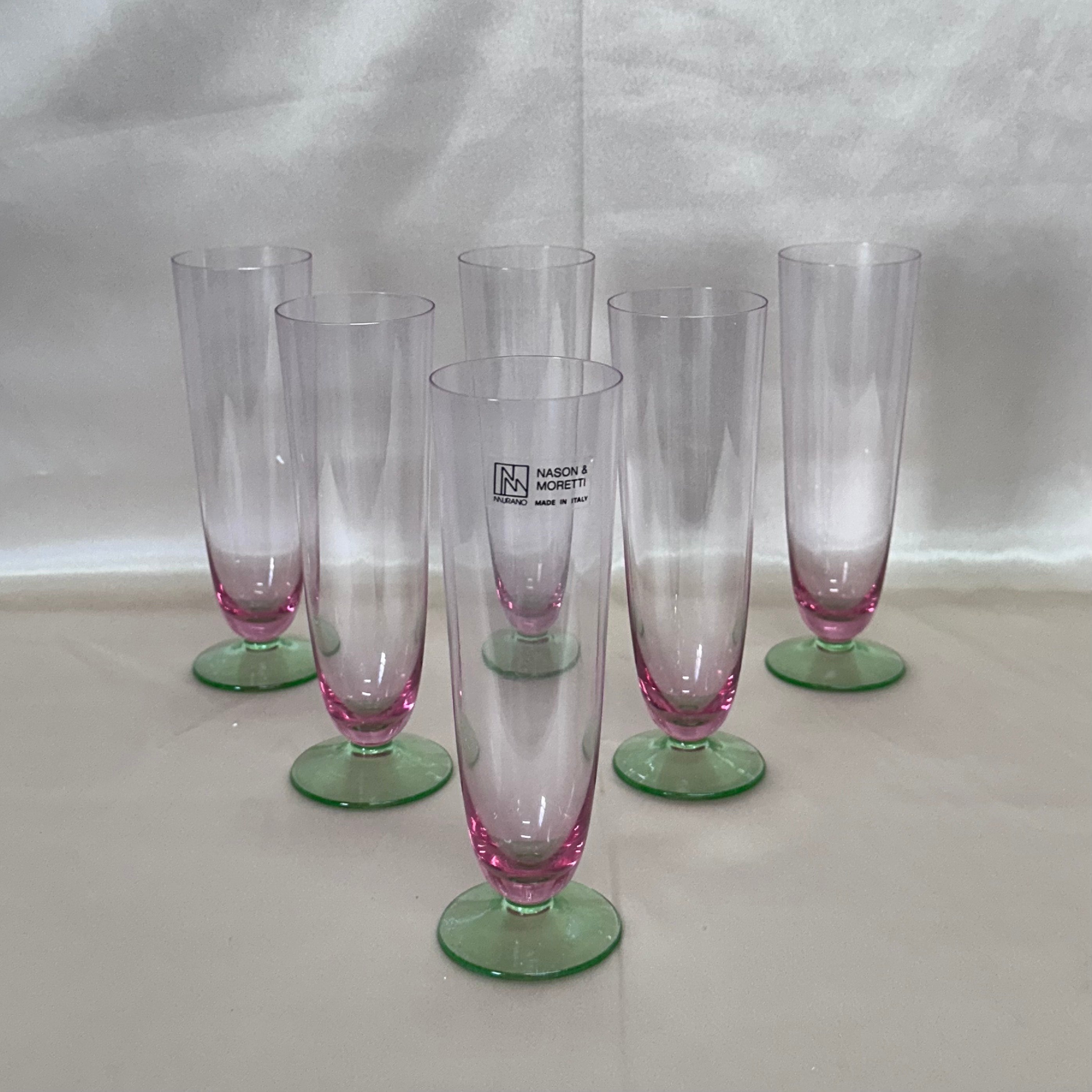 Nason & Moretti Murano Green lavender Champagne Flutes Glass Set of 6
